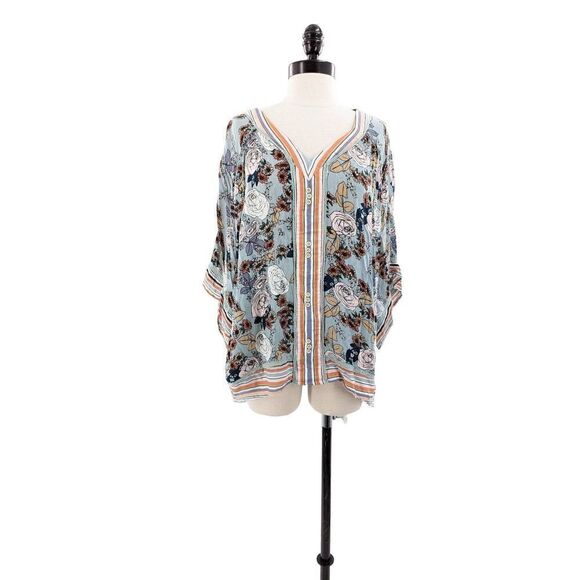 Democracy Women Long Sleeve V-Neck Floral Print Kimono Blouse Blue Size 2X - Picture 7 of 12